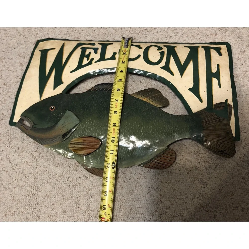 Hanging Metal WELCOME Sign FISH Bass Cabin Mancave Fishing Fisherman